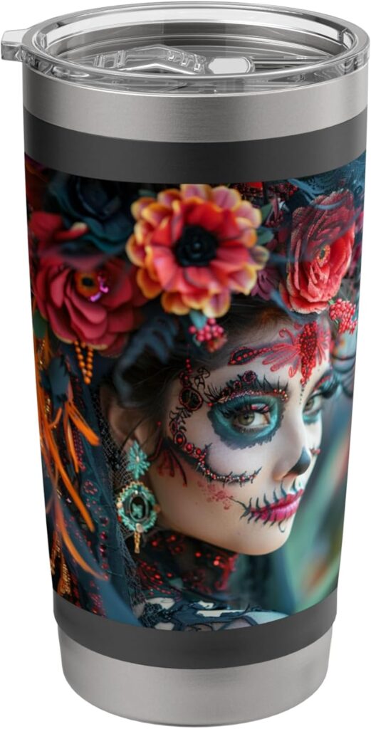 Día de los Muertos Halloween tumbler with vibrant sugar skull design, perfect for adding colorful style to the Halloween season.