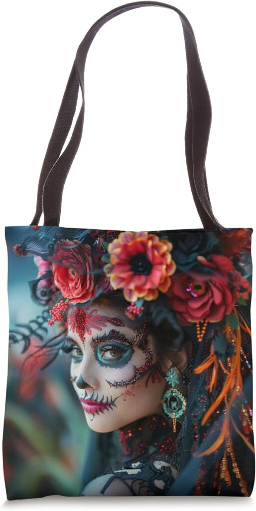 Dia de los Muertos tote bag featuring a beautifully painted skull design and vibrant flowers.