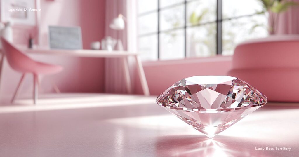 A brilliant diamond sitting in a sleek, modern pink workspace, symbolizing success and personal growth. Perfect for an inspirational blog about empowerment