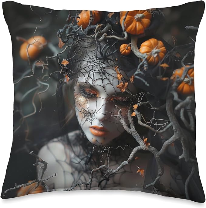 Halloween decorative pillow featuring a mystical design with pumpkins and a web theme.