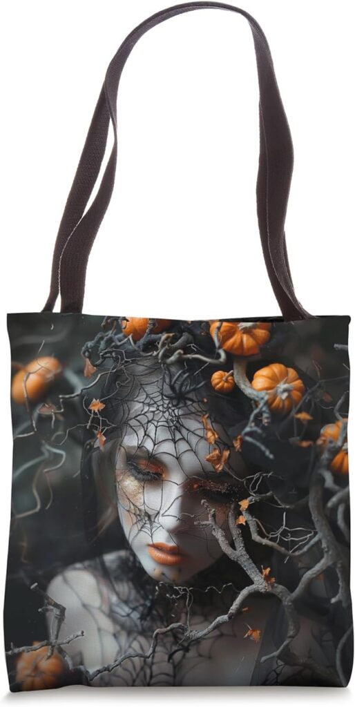 Halloween tote bag featuring a haunting design with pumpkins and a web theme.