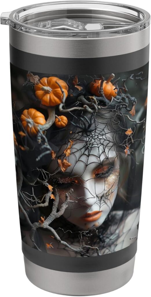 Halloween tumbler featuring a spooky spider web design with pumpkins, perfect for Halloween parties or everyday fall use.