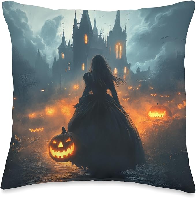 Halloween decorative pillow featuring a silhouette of a woman with pumpkins in a haunted setting.