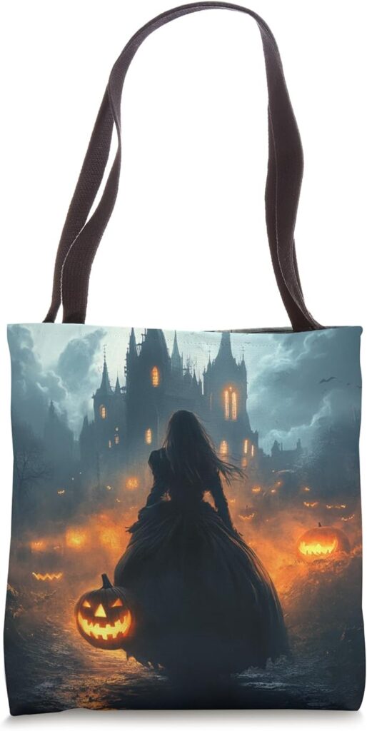 Halloween tote bag featuring a mysterious woman with pumpkins in a haunted setting.