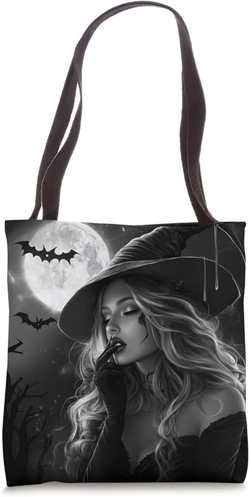 Witch-themed tote bag showcasing a haunting design with bats and a full moon.