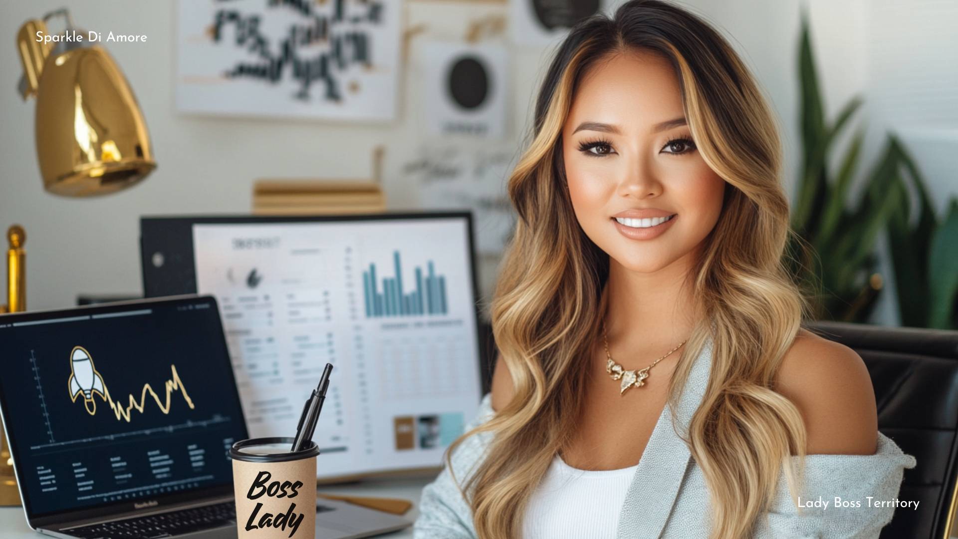 Smiling entrepreneur sitting at a desk with graphs and laptop, showcasing branding and business growth strategies.