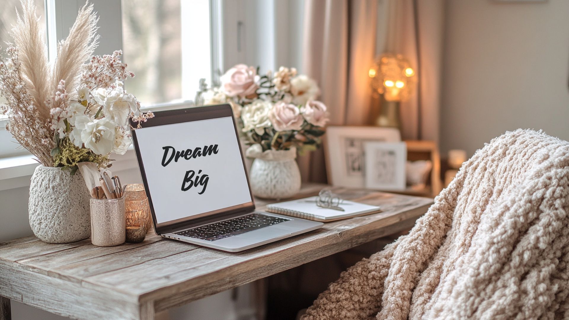 Cozy home office setup with a laptop displaying the words 'Dream Big,' surrounded by elegant decor, soft lighting, and a comfortable blanket for inspiration and productivity.