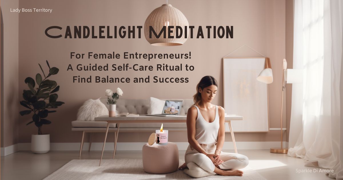 Female entrepreneur practicing candlelight meditation in a serene, minimalistic home setting, embracing self-care and mindfulness.