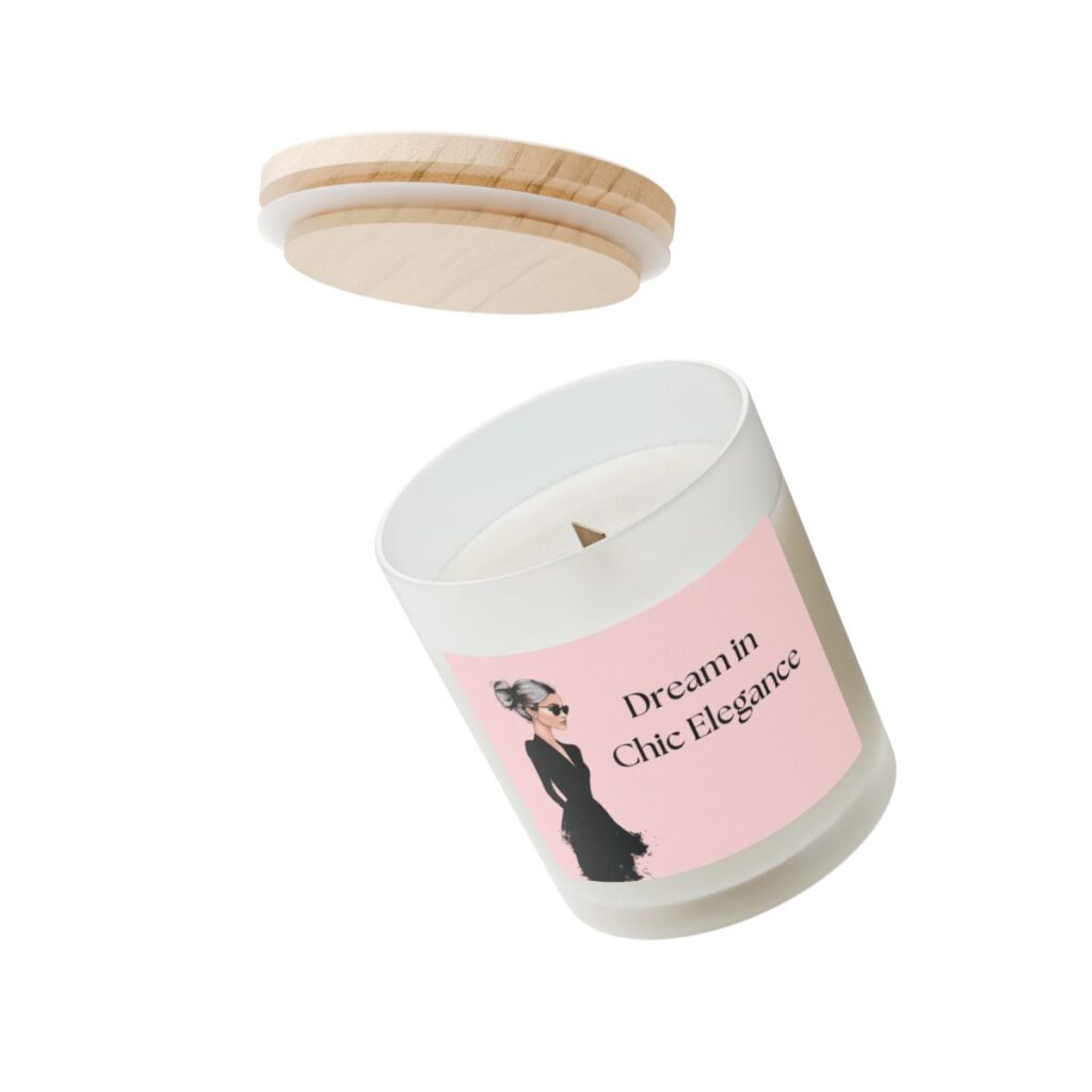 Luxury pink frosted glass candle with a wooden lid. Clean-burning coconut soy wax for a spa-like aromatherapy experience, perfect for feminine chic bedroom decor.