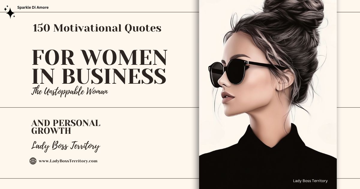 Confident woman in sunglasses representing empowerment and success, featured on the cover of '150 Motivational Quotes for Women in Business and Personal Growth