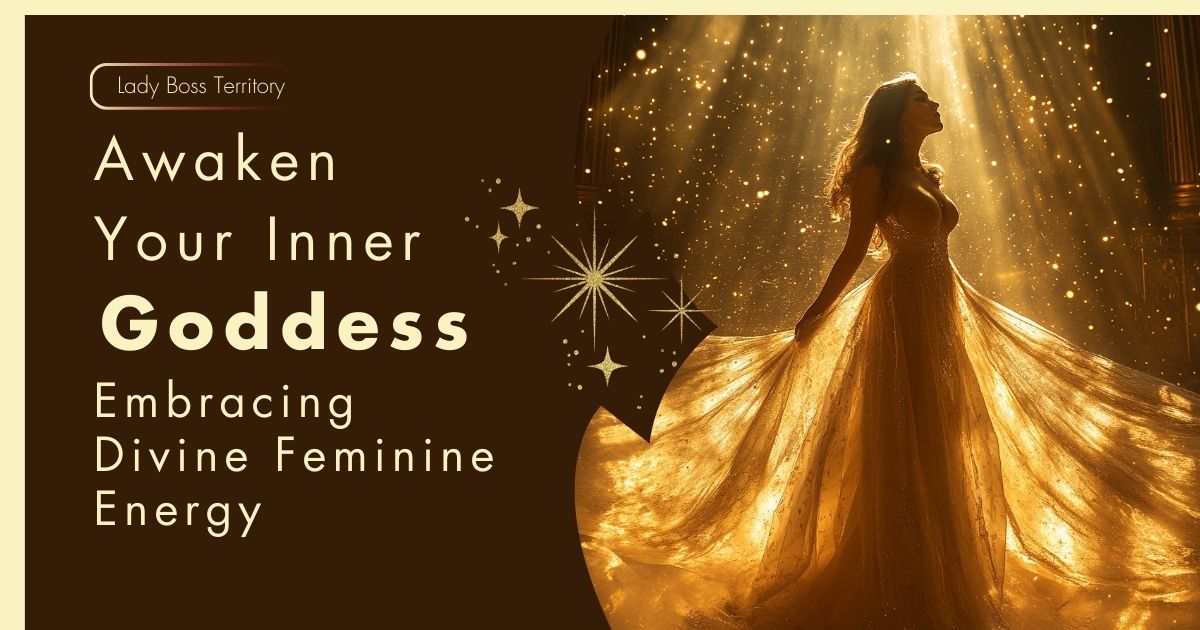 Elegant woman in a golden gown standing in radiant light, symbolizing divine feminine energy and inner goddess awakening.