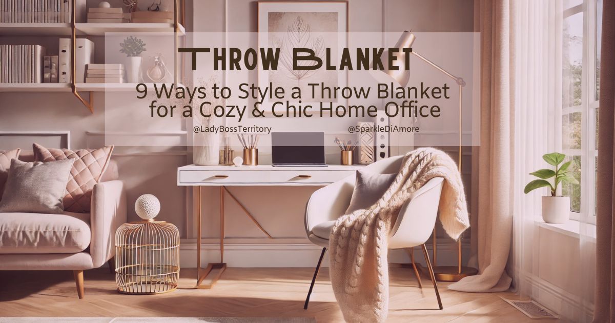 A cozy home office with a stylish throw blanket draped over a chair, soft lighting, and warm neutral tones creating a chic and inviting workspace.