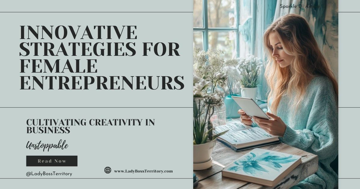 Female entrepreneur in a cozy workspace, brainstorming innovative business strategies with a tablet and journal, surrounded by creative inspiration.