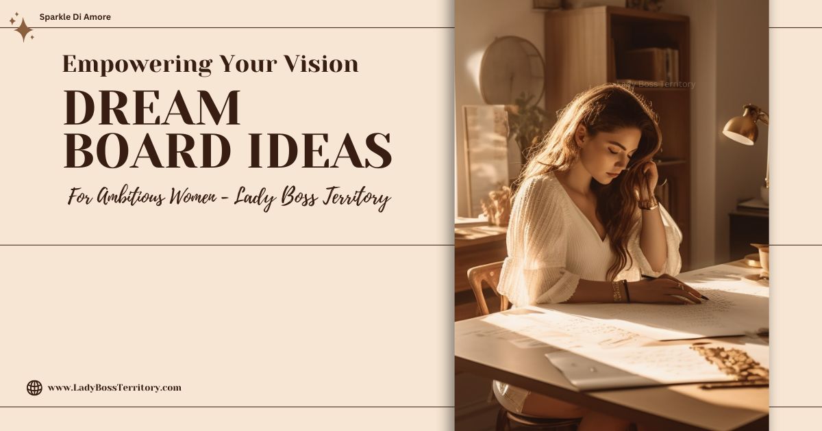 Focused woman in a cozy workspace, creating a vision board with inspiring ideas for success and personal growth.