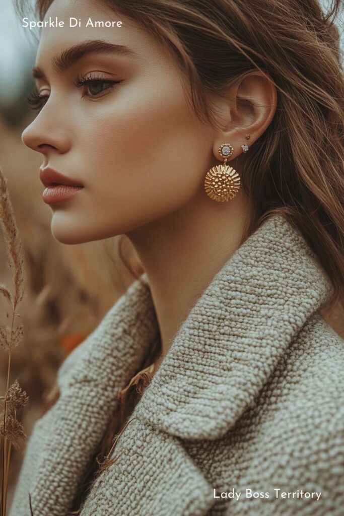 Elegant woman wearing gold statement earrings and a textured coat, embodying effortless chic fashion in a neutral-toned setting.