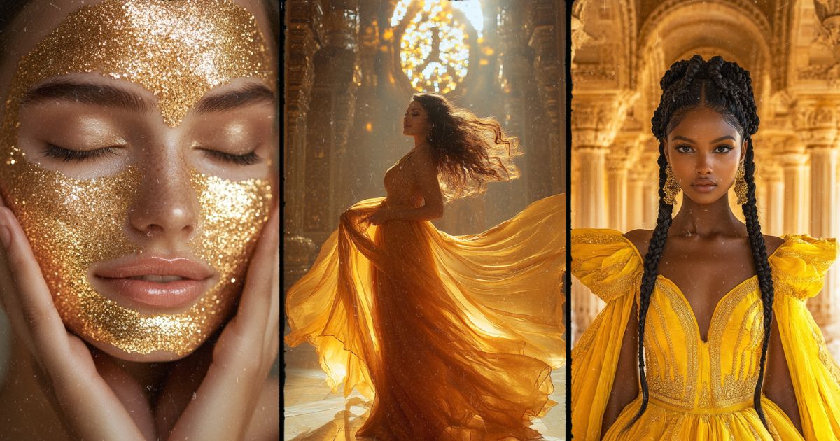 A trio of golden beauty: a woman with a gold facial mask, an elegant woman in a flowing golden gown, and a regal woman in a golden dress with intricate braids, embodying divine feminine energy.