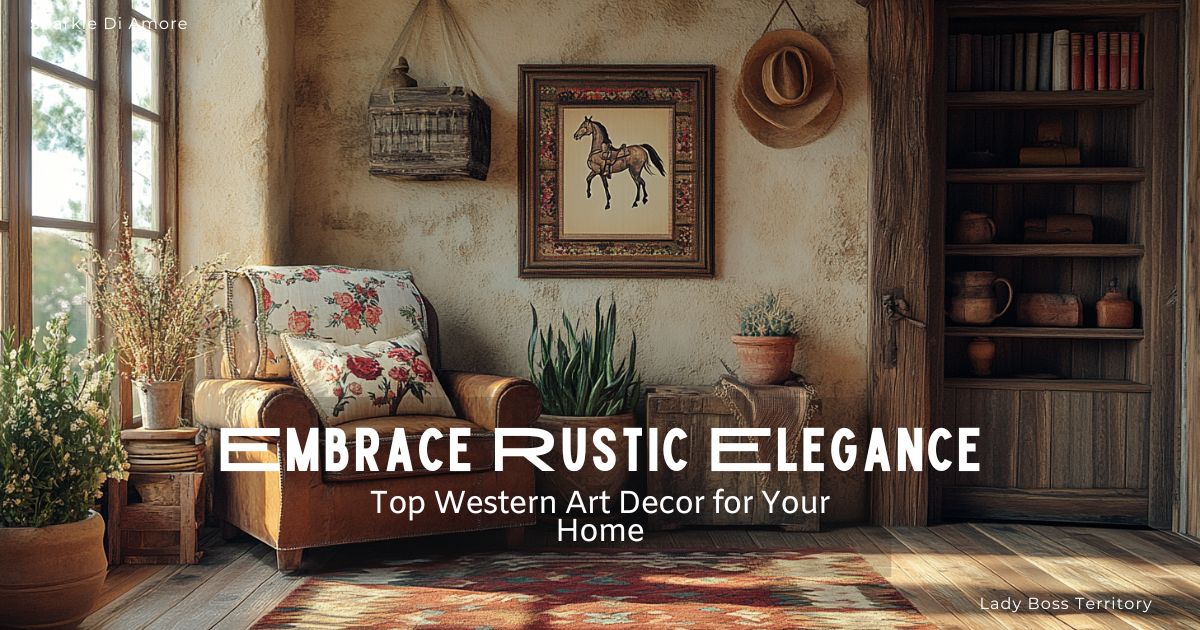 Cozy rustic living room with Western-inspired decor, featuring a leather armchair, floral cushions, vintage wooden shelves, and framed horse artwork.