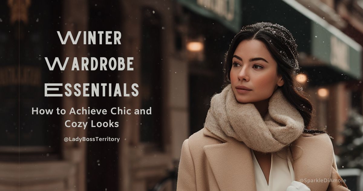 Stylish woman in a neutral winter coat and cozy scarf walking through a snowy city street, embracing elegant winter fashion.